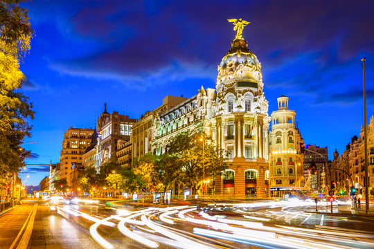 Madrid, Spain cityscape at Calle de Alcala and Gran Via.